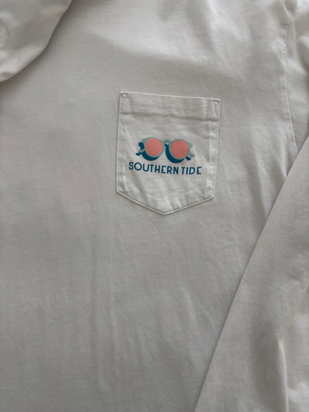 Southern Tide White Long Sleeve Pocket Tee with Pink & Teal Sunglasses Logo - Picture 2 of 5